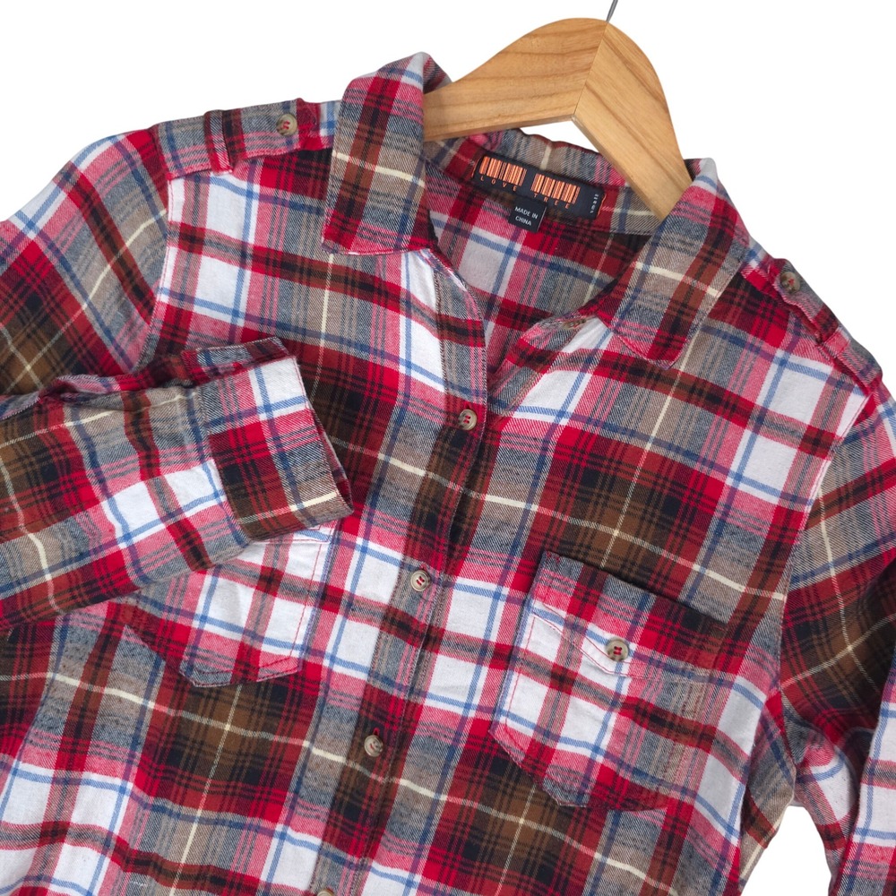 Love Tree‎ Flannel Shirt Dress Women S Red Brown Plaid Long Sleeve Tunic Cotton